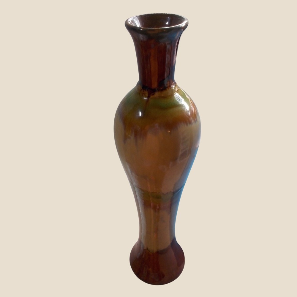 Signed Studio Pottery Tall Drip Glaze Vase Brown Green Earth Tones 18.5 Inch